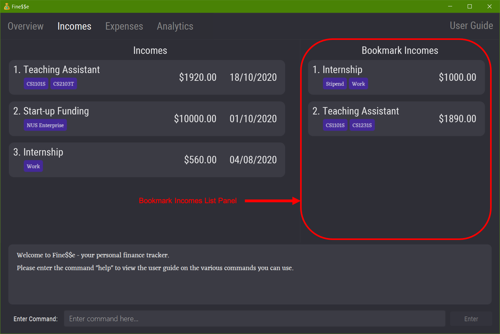 Overview Bookmark Income Panel