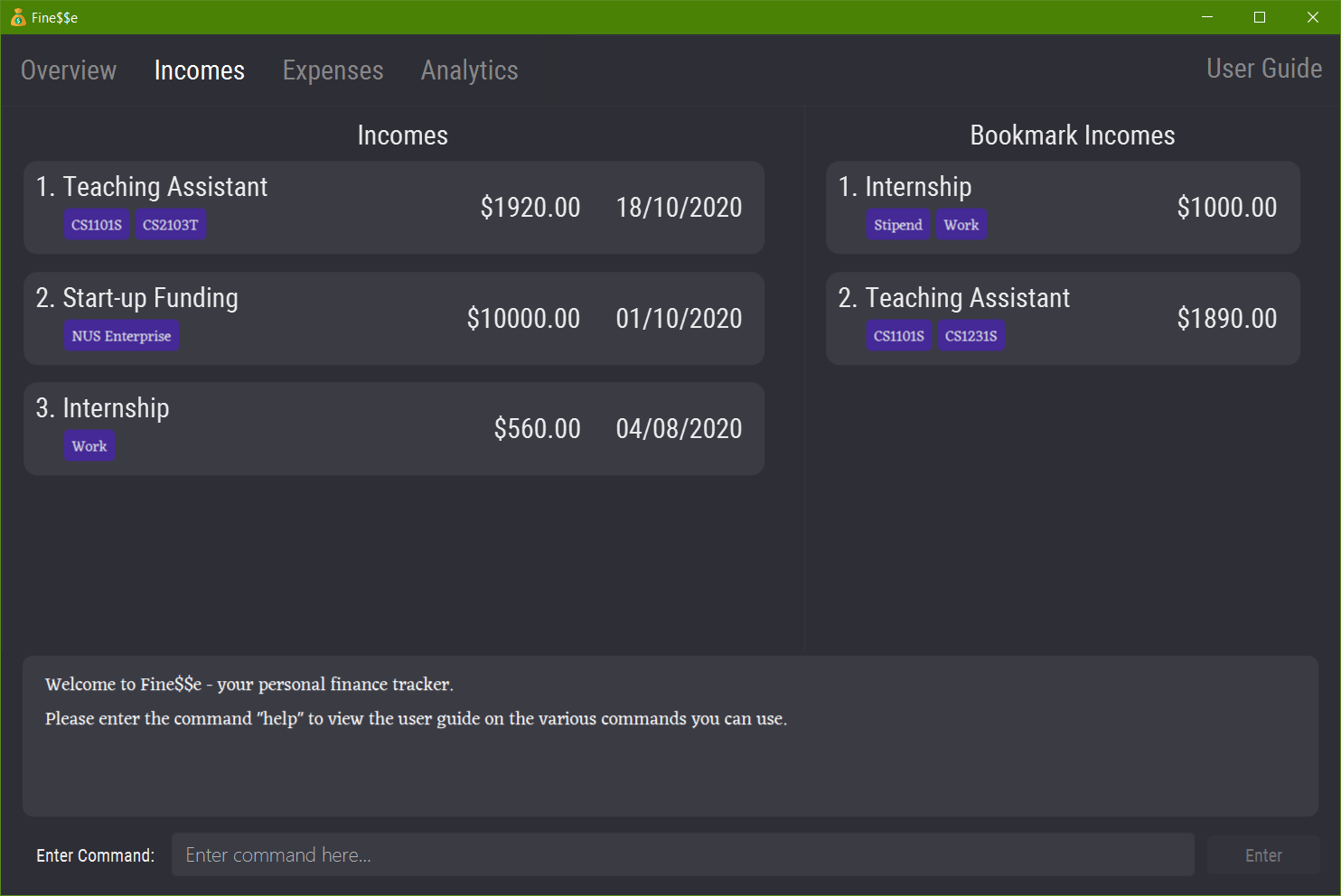 Incomes Tab